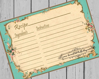 Printable Aqua Recipe Card Template 3.5x5 | 4x6 Recipe Cards | Turquoise 3x5 Blank Recipe Cards | Hostess Gift Ideas | Party Favors