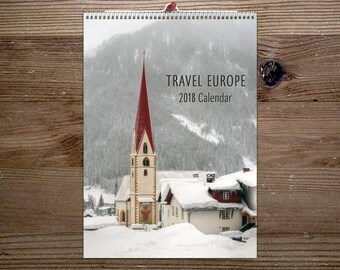 2018 calendrier, Wanderlust, mur calendrier, voyage Europe, photographie, calendrier A4