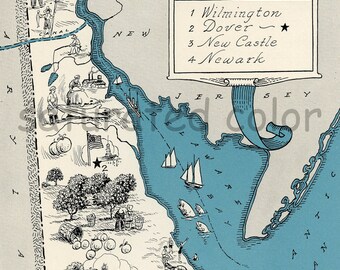 Delaware Map 1931 ORIGINAL Vintage Picture Map - Antique Delaware Map - Charming - Teal - Wilmington Dover New Castle Newark RARE Johst