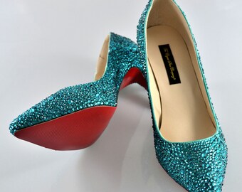 Custom handmade Swarovski Crystal Glitter Bridal Medium Heel My something blue teal red sole closed pump court