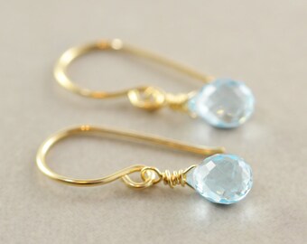 Blue Topaz Drop Earrings, December Birthstone, Minimalsitic, Petite Gemstone Dangle Earrings