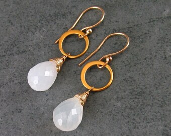 White moonstone earrings w/ 22k gold vermeil circle earrings-OOAK handmade gold filled jewelry