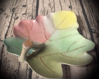 vintage ceramic leaf plate pastel with gold veins and trim