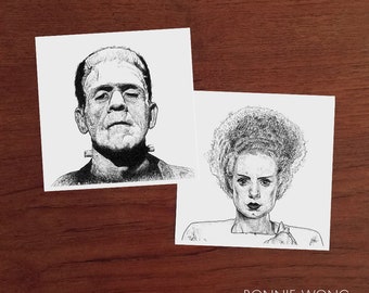 Frankenstein Monster + Bride Art Print / Universal Monsters / Bride of Frankenstein / Wall Art / Classic Monsters / Horror / Boris Karloff