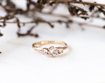 Three stone white sapphire 14k gold twig engagement ring, three stone engagement ring, gold twig ring