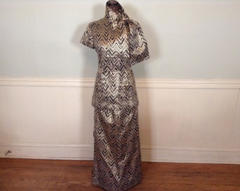 1960s Evening Gown Dress / Gold Lamae Dress / Vintage Dress / Vintage Evening Gown