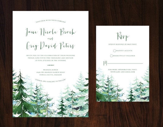 Watercolor Pine Trees Wedding Invitation Forest Wedding