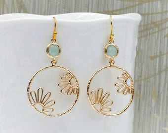 Mint Seafoam Green Glass Crystal, Gold Lace Filigree Earrings, Large Gold Dangle Earrings, Gold Mesh Round Circle Daisy Earrings, Boho Chic