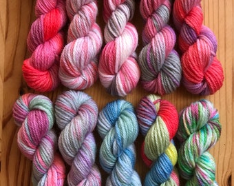 Hand Dyed Sock Yarn Mini Skein Set #155 -- 10 Mini Skeins/25 Yards Each