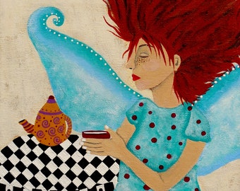 Original Fairy Painting on Canvas titled Morning Coffee and Fairy Freckles by Jeanne Fry