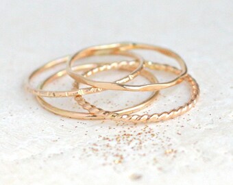 GOLD stacking rings. SET of four. skinny slim. stack ring. hammered. shiny. 14k gold filled classic stack ring. knuckle ring. midi ring.