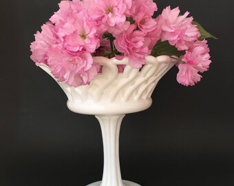 Vintage Milk Glass Open Lace Pedestal Bowl Compote Bridal Shower Wedding Centerpiece Decor