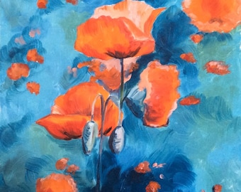 Red poppies turquoise oil painting
