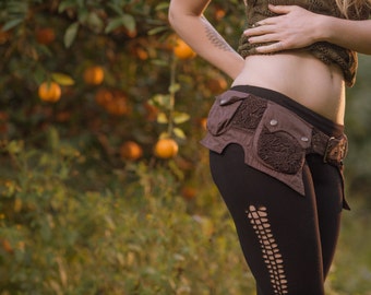 Sentient Pocket Belt (Brown) - Festival Clothing Leather Alternative Handmade Cotton and Crochet Gypsy Psytrance Bohemian Nomadic Boho