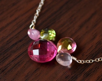 Green and Pink Gemstone Necklace, Fuchsia Quartz, Lime Green Peridot, Pink Topaz, Rose Quartz, Sterling Silver Jewelry, Free Shipping