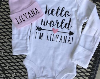 Hello World Newborn Outfit with Handmade Knot Hat , Personalized Bodysuit, Baby Shower Gift, Take Home Outfit, Hello World, Baby Girl Outfit