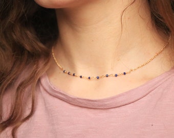 Dainty Beaded Necklace / Blue Gemstone Necklace, Minimalist Necklace, Dainty Layering Necklace / Rosary Necklace