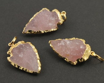 Natural Rose quartz Arrowhead gold dipped pendant