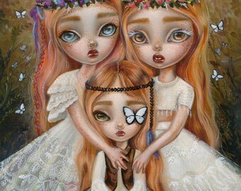 The Threee Sisters SIGNED print Simona Candini flower child children big eyes lowbrow pop surreal art oil painting