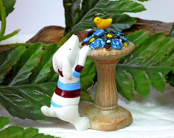 Mini Dog Figurine. Birdbath with Bird and Flowers Figurine. Fairy Dog. White Dog Figurine.Mini Garden Pedestal.TURQUOISE Roses