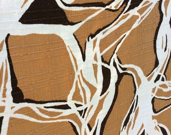 Vintage Cotton Fabric/Drapery Textile/Tan,dark brown and White/Funky Retro Material