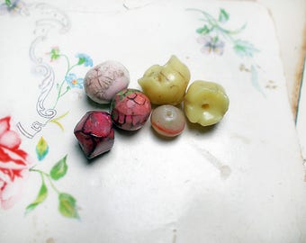 Polymer Clay Beads | 6 Rustic Beads | Rounds, Flower Pod, Nugget Tablet | Hazy Garden no. 2 | Pastel Yellow, Red | Faceted, Sculpted, Glazed