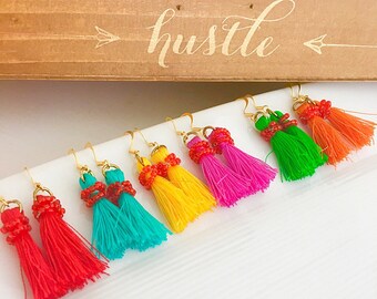 Tassel Earrings, Bold tassel earrings, Bright tassel Earrings, Colorful tassel earrings, Gold Tassel Earrings, Bohemian Earrings