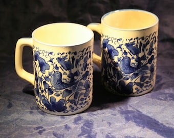 Hand Painted Floral & Bird Mugs * Set of 2