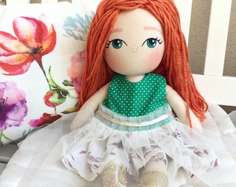 Handmade Cloth Doll - Red Hair Cloth Doll - Ginger Hair Rag Doll - Fabric Doll in Pastel Dress - Girl Gift Set