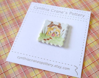Porcelain Ceramic Clay Button, Large Square with Painted Cottage, Yellow with Brown Thatched Roof