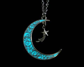 Moon And Shooting Star Necklace Glow In The Dark Necklace Antique Silver