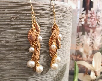 Gold leaf earrings pearl earrings