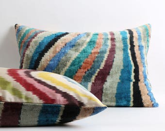 16x24 Velvet ikat pillow cover with silk ikat backing // Handwoven & hand-dyed pillows