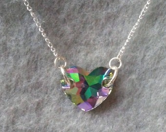Swarovski Crystal Heart Necklace, Small iridescent/clear crystal heart, sterling silver chain 22", gift for girl or woman, Valentines gift