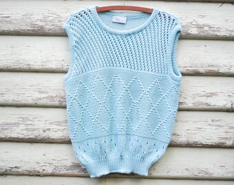 80s Vintage Pastel Blue Vest Top Wool Knitted Tee Singlet Cable Knit Sweater Eighties Vtg 1980s Size S-L