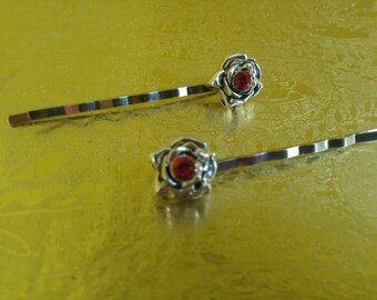 Flower Hair or Bobby pin Set of 2 Red Roses Rhinestone Silver Metal Hair Jewelry Accessories