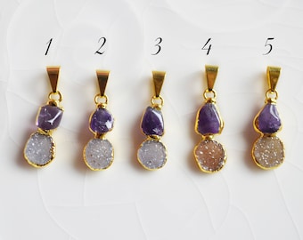Amethyst and Druzy Pendant, Electroplated, 24K gold