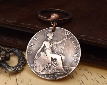 1909 Edward VII Penny Old Vintage Coin Keychain Gift Lucky Penny 109th birthday gift