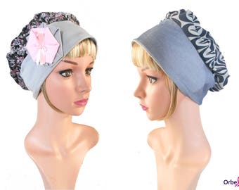REVERSIBLE beret "Clotilde" & its removable fabric flower