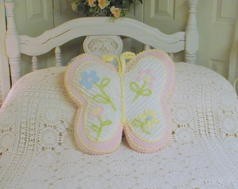 Vintage Chenille Pillow Butterfly Florals Cottage Prairie Farmhouse Chic