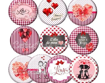 Set of 10 cabochons 20mm glass, Love, hearts, Valentine Ref ZC170