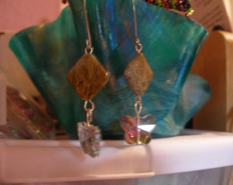 Earrngs, color shifting AB crystal butterflies under jasper squares FunkyAlternativejewelry, HandmadeJewelryGuild, SupportingArtists