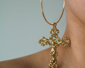 Take Me Out Hoop Earrings - Gold Earrings - Hoop Earrings - Dangle Earrings - Cross Earrings - Large Hoop Earrings - Large Cross