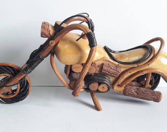 Harley Davidson Motorcycle Vintage Hand made Wooden MotorBike 14" Vintage Hand Carved Folk Art Display Home Decor