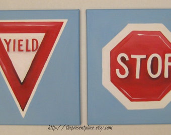A set of two traffic signs,stop sign,yield sign, red,white,blue,wall art,boys rooms art,boys room decor,boys wall hangings,traffic signs