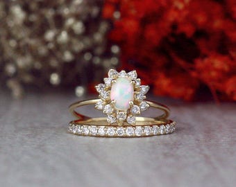 SET: Opal Engagement Ring and 1.9MM Diamond Band | Celestial Diamond Halo | Matching Set | Solid 14K Gold | Fine Jewelry | Free Shipping