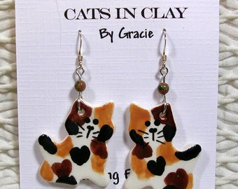 Calico Cat Shaped French Wire Earrings Handmade In Kiln Fired Clay by Gracie