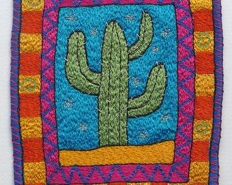 Cheerful Cactus picture, unframed textile art, free motion machine embroidery