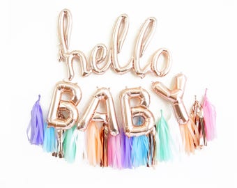 hello baby balloon banner - rose gold balloons with tassel garland