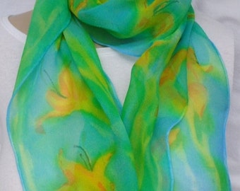 silk chiffon scarf hand painted Day Lily turquoise green orange wearable art women floral unique